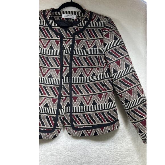 Tahari ASL Geometric Tribal Printed Black Red Tan Open Blazer Jacket Womens 10 - Picture 3 of 16